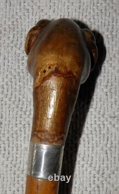 Antique Walking Stick / Cane Hand-Carved Pig Head Glass Eyes Silver Collar