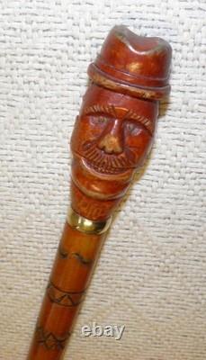 Antique Walking Stick / Cane Hand Carved Shaft & Man With Hat Top Silver Collar