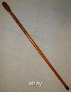 Antique Walking Stick / Cane Hand Carved Shaft & Man With Hat Top Silver Collar