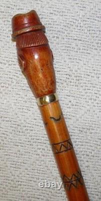 Antique Walking Stick / Cane Hand Carved Shaft & Man With Hat Top Silver Collar