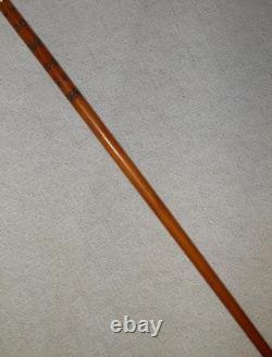 Antique Walking Stick / Cane Hand Carved Shaft & Man With Hat Top Silver Collar