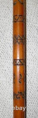 Antique Walking Stick / Cane Hand Carved Shaft & Man With Hat Top Silver Collar