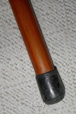 Antique Walking Stick / Cane Hand Carved Shaft & Man With Hat Top Silver Collar