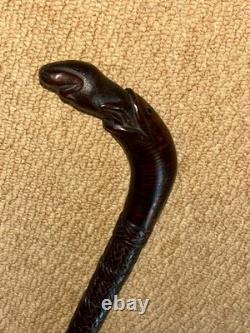 Antique Walking Stick Cane Hand-Carved Snake Eating Frog Handle & Detailed Shaft