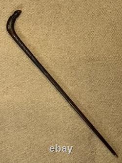 Antique Walking Stick Cane Hand-Carved Snake Eating Frog Handle & Detailed Shaft