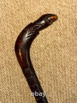 Antique Walking Stick Cane Hand-Carved Snake Eating Frog Handle & Detailed Shaft