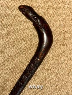 Antique Walking Stick Cane Hand-Carved Snake Eating Frog Handle & Detailed Shaft