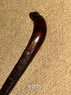Antique Walking Stick Cane Hand-Carved Snake Eating Frog Handle & Detailed Shaft