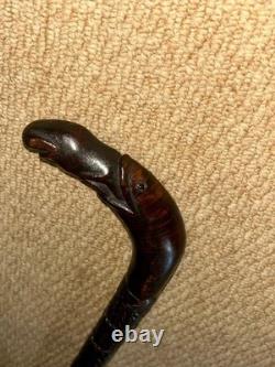 Antique Walking Stick Cane Hand-Carved Snake Eating Frog Handle & Detailed Shaft