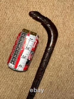 Antique Walking Stick Cane Hand-Carved Snake Eating Frog Handle & Detailed Shaft