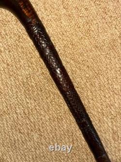 Antique Walking Stick Cane Hand-Carved Snake Eating Frog Handle & Detailed Shaft