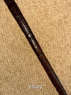 Antique Walking Stick Cane Hand-Carved Snake Eating Frog Handle & Detailed Shaft