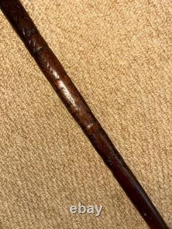 Antique Walking Stick Cane Hand-Carved Snake Eating Frog Handle & Detailed Shaft