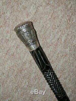 Antique Walking Stick/Cane Hunting Scene Indian V. 75 Silver & Carved Ebony Shaft