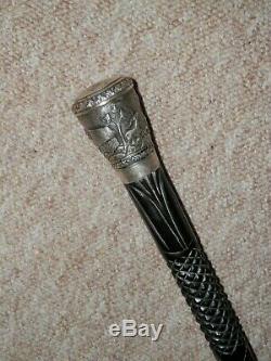 Antique Walking Stick/Cane Hunting Scene Indian V. 75 Silver & Carved Ebony Shaft