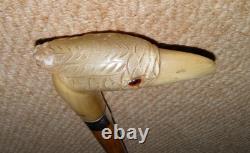 Antique Walking Stick Cane Silver Collar Bovine Horn Hand Carved Bird Glass Eyes