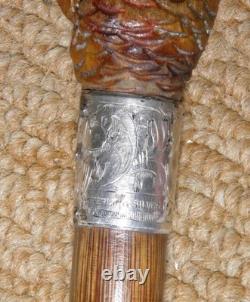 Antique Walking Stick Cane Silver Collar Hand Carved Bird Parakeet Glass Eyes