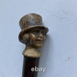 Antique Walking Stick Cane / Swagger Stick Carved Head With Top Hat