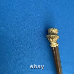Antique Walking Stick Cane / Swagger Stick Carved Head With Top Hat