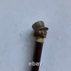 Antique Walking Stick Cane / Swagger Stick Carved Head With Top Hat