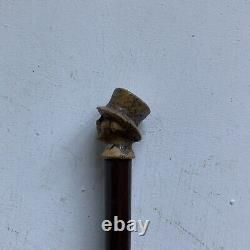 Antique Walking Stick Cane / Swagger Stick Carved Head With Top Hat