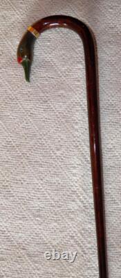 Antique Walking Stick Cane Tested 12 ct Gold Collar Carved Bovine Horn Duck Head