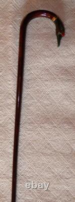 Antique Walking Stick Cane Tested 12 ct Gold Collar Carved Bovine Horn Duck Head