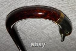 Antique Walking Stick Cane Tested 12 ct Gold Collar Carved Bovine Horn Duck Head