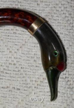 Antique Walking Stick Cane Tested 12 ct Gold Collar Carved Bovine Horn Duck Head