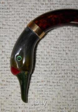 Antique Walking Stick Cane Tested 12 ct Gold Collar Carved Bovine Horn Duck Head