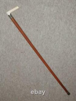 Antique Walking Stick/Cane With Carved Handle & Nickel Silver Fox Collar 81.5cm