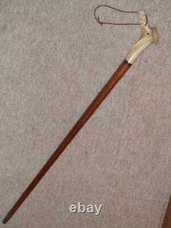 Antique Walking Stick/Cane With Hand-Carved Rose Detailed Bird Antler Handle