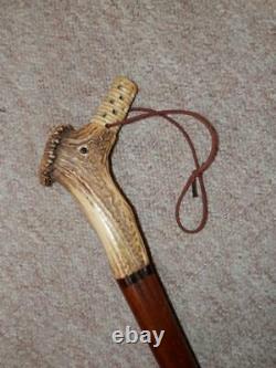 Antique Walking Stick/Cane With Hand-Carved Rose Detailed Bird Antler Handle