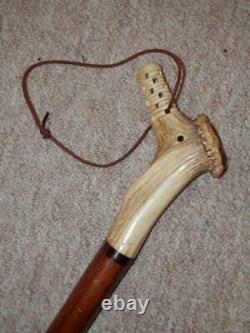 Antique Walking Stick/Cane With Hand-Carved Rose Detailed Bird Antler Handle