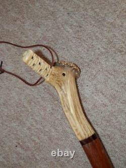 Antique Walking Stick/Cane With Hand-Carved Rose Detailed Bird Antler Handle