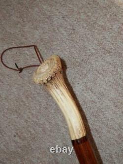 Antique Walking Stick/Cane With Hand-Carved Rose Detailed Bird Antler Handle