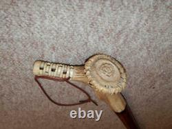 Antique Walking Stick/Cane With Hand-Carved Rose Detailed Bird Antler Handle