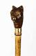 Antique Walking Stick Cane with Carved Head of Cat & Bamboo Shaft 19th C