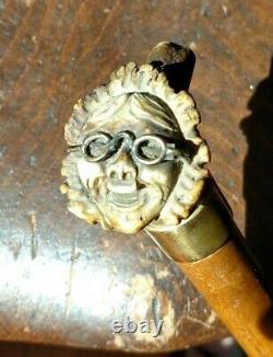 Antique Walking Stick Cane with Carved Horn Figural Smiling Woman Hat & Glasses