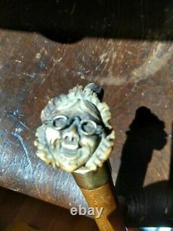 Antique Walking Stick Cane with Carved Horn Figural Smiling Woman Hat & Glasses