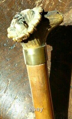 Antique Walking Stick Cane with Carved Horn Figural Smiling Woman Hat & Glasses