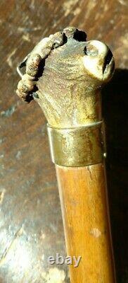 Antique Walking Stick Cane with Carved Horn Figural Smiling Woman Hat & Glasses