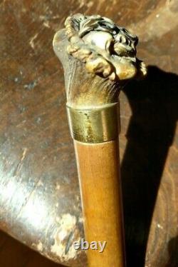 Antique Walking Stick Cane with Carved Horn Figural Smiling Woman Hat & Glasses