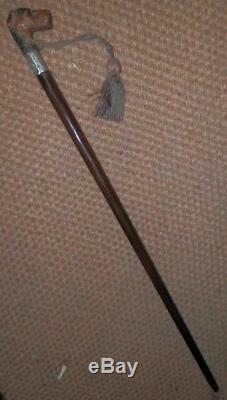 Antique Walking Stick -Carved Airedale Terrier Top & Hm Silver Collar B'ham 1899