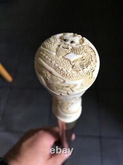 Antique Walking Stick Carved Chinese Dragons Bovine Bone