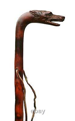 Antique Walking Stick, Carved Dog/Wolf Head