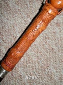 Antique Walking Stick Carved Toad & Insect Top With H/M Silver Collar'1860