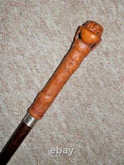 Antique Walking Stick Carved Toad & Insect Top With H/M Silver Collar'1860