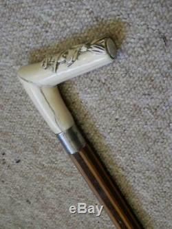 Antique Walking Stick Fritz Handle With Carved Dog H/m Silver Collar B'ham 1925