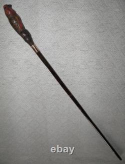 Antique Walking Stick Hand Carved Bird Handle With Glass Eyes Gold Plated Collar